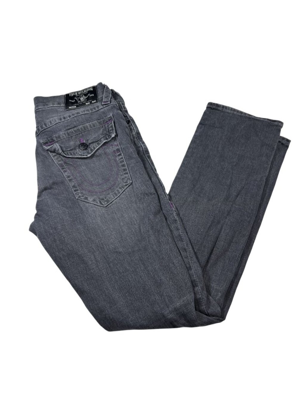 True Religion Mens Gray Ricky Relaxed Straight Distressed Jeans Size 34x33 Y2K